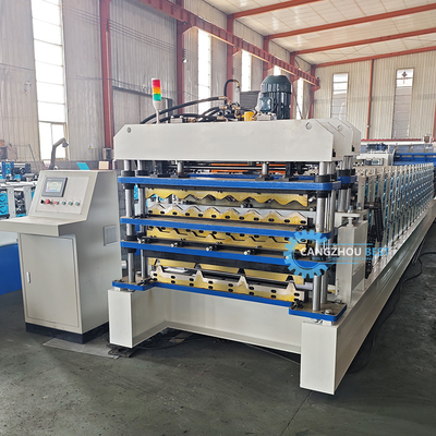 Ελεγχόμενο από PLC υδραυλικό κόψιμο Tr4 Tr5 κυματοειδής μηχανή τριών στρωμάτων οροφής για το Περού